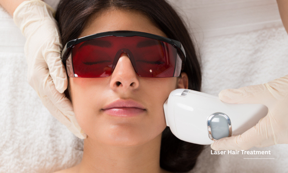 Woman wearing protective goggles during a laser facial treatment.