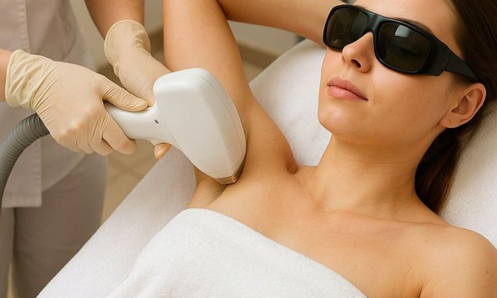 A female client in protective eyewear receiving an underarm laser hair reduction treatment from a clinician