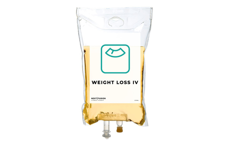 IV drip bag labeled ‘Weight Loss IV’ filled with yellow liquid.